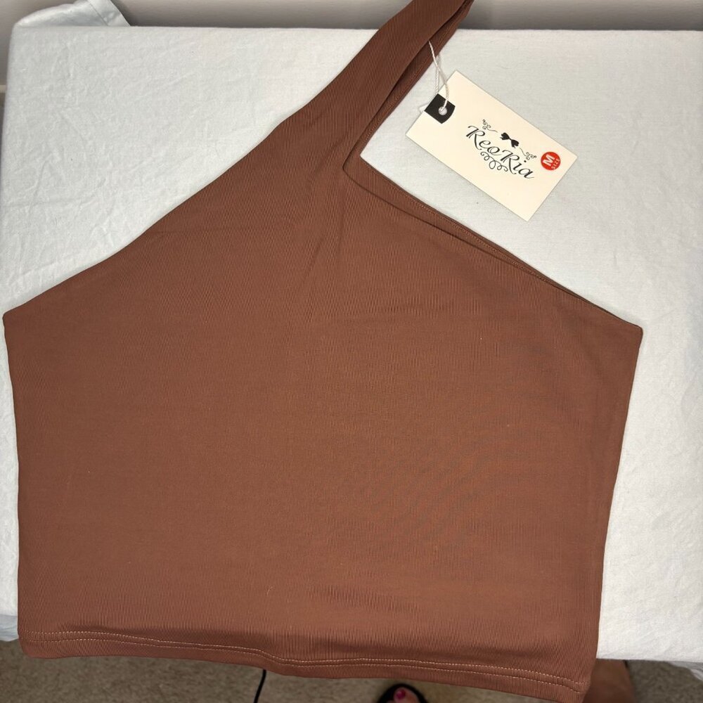 Reoria New Crop Top One-Shoulder Womens M Stretch Brown Layer